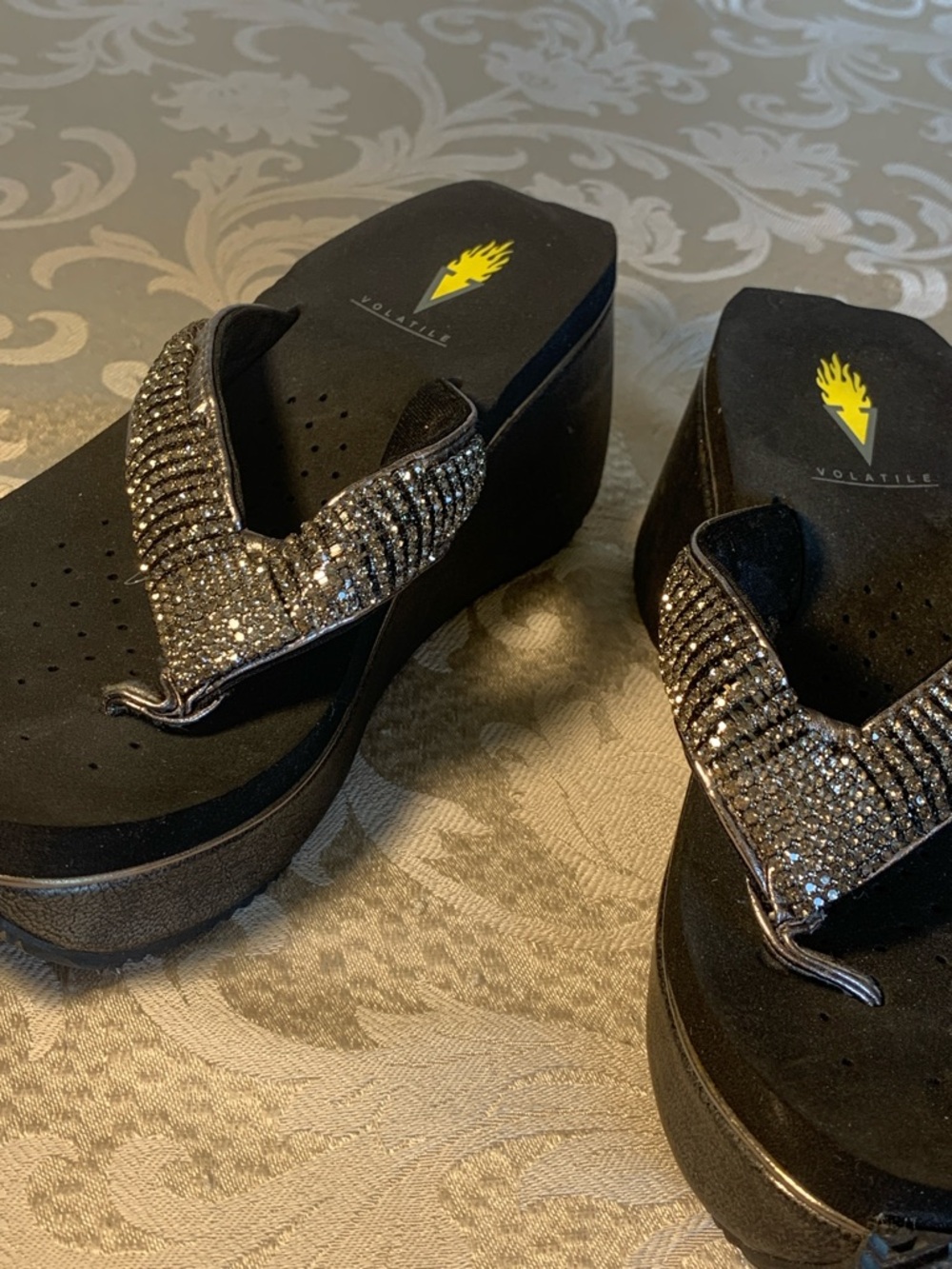 Volatile Black Platform Flip Flops with Silver Rhinestone Straps - Picture 4 of 6